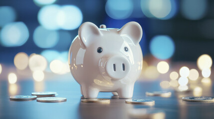 cute piggy bank surrounded by coins, symbolizing savings and financial planning, evokes sense of security and prosperity