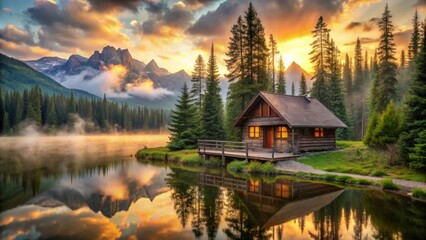 Serene Lakeside Cabin at Sunrise, Nestled Amongst Majestic Mountains and Evergreen Trees, Reflecting in Still Waters