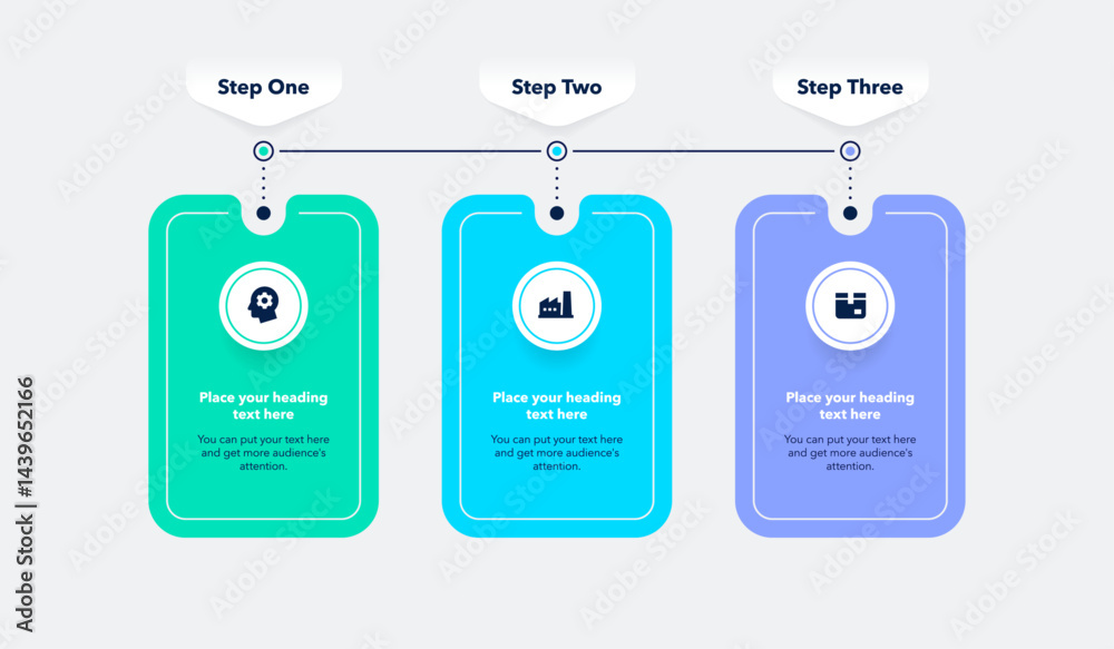Aufkleber Horizontal process flow diagram with three steps. Flat presentation template with minimalistic icons for data visualization.