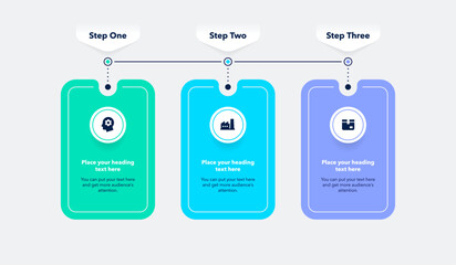 Horizontal process flow diagram with three steps. Flat presentation template with minimalistic icons for data visualization.