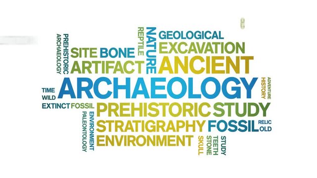 Archaeology animated word cloud;text design animation tag kinetic typography seamless loop.