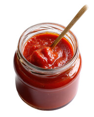 Glass jar filled with rich tomato sauce, featuring small wooden spoon dipped into vibrant red mixture, ready for serving