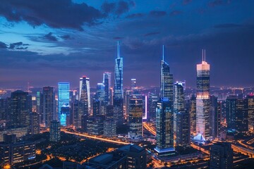 Naklejka premium Dynamic City Skyline with LED Light Displays Highlighting the Fusion of Technology and Finance