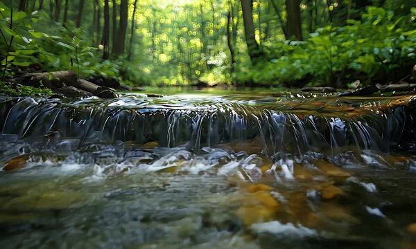 Serene Forest Stream Flowing Over Mossy Rocks Under Sunlight Creates Peaceful Atmosphere