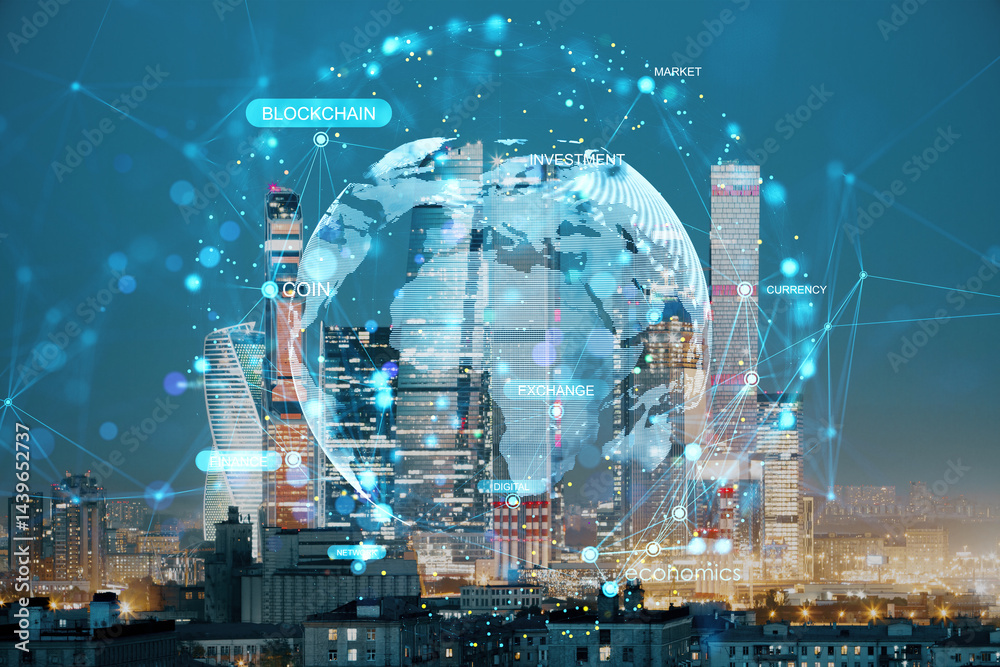 Aufkleber Futuristic digital world map with blockchain and financial terms overlayed on cityscape background representing global cyberspace innovation.