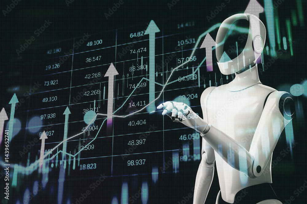 Leinwandbilder futuristic humanoid robot analyzing rising stock market trends with digital charts and arrows on a t