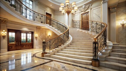 Obraz premium Elegant Marble Staircase in a Grand Foyer with Ornate Railings and Polished Flooring