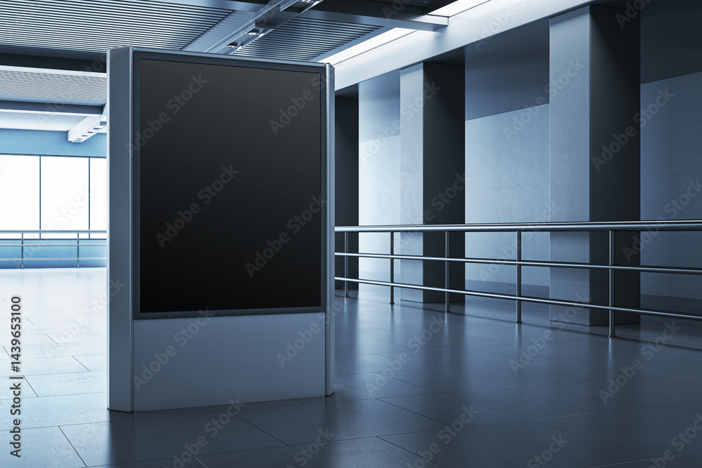 Poster blank digital display mockup in modern clean indoor office hallway with tiled floor and metal railin