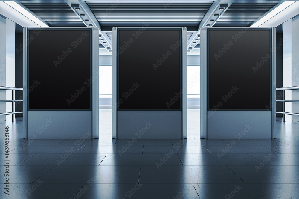 Aufkleber Three blank vertical advertising display mockups in modern office hallway with metallic ceiling and tiled floor, ready for presentation layout. 3D Rendering