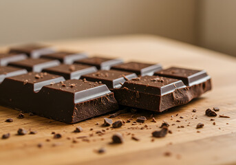 Rustic Wooden Board Broken Chocolate Natural Light Crumbs Detail