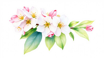 Fototapeta premium A branch of a blossoming apple tree is painted with watercolors on a white background