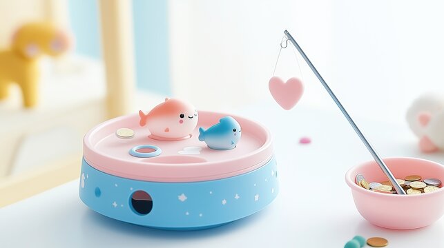 Interactive kids fishing set with three floating fish (pink/blue) on hooks and decorative drink holder plate, placed on gray carpet for early childhood motor skill development and sensory play.