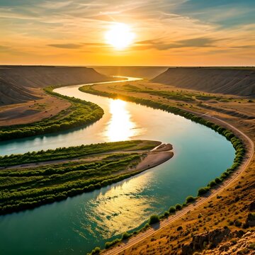 Sunset in Amu Darya River Flowing Waters Golden Evening Glow