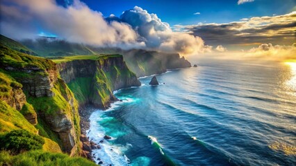 Fototapeta premium Dramatic Coastal Cliffs at Sunrise with Rolling Ocean Waves and Misty Mountains