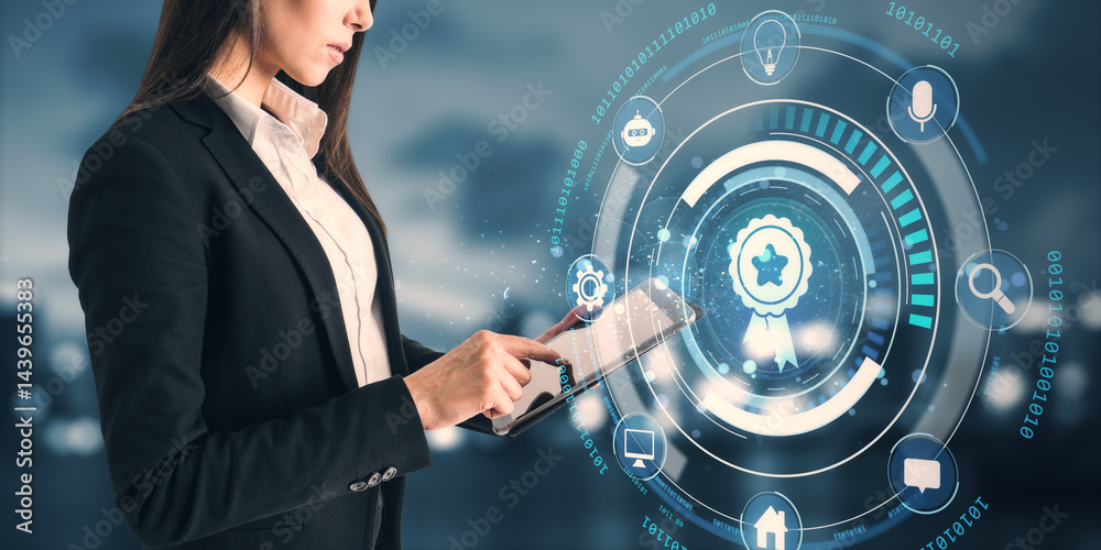 Aufkleber businesswoman interacting with digital certification interface on a futuristic background with light