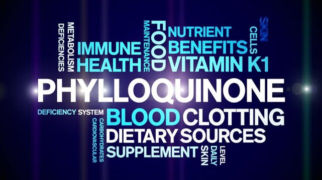 Phylloquinone Vitamin K1 animated word cloud;text design animation tag kinetic typography seamless loop.