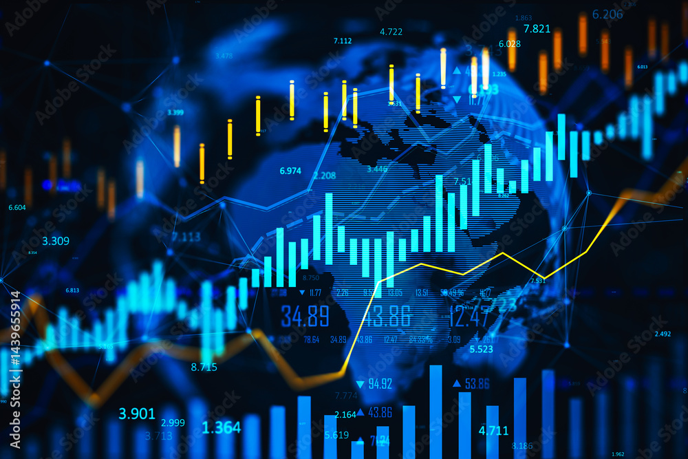 Poster financial market digital graph with blue neon bars and yellow lines on dark virtual background, show