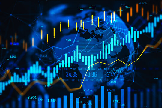 Financial market digital graph with blue neon bars and yellow lines on dark virtual background, showing stock growth and currency exchange concept. 3D Rendering