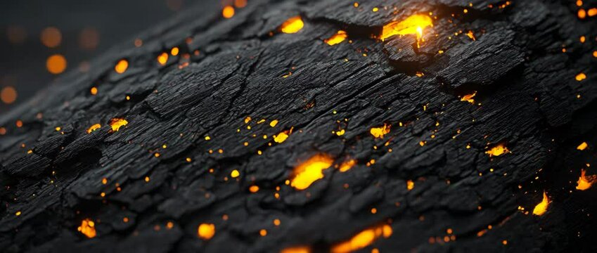 Smoldering Embers: Intimate macro shot captures the fiery dance of embers against the stark texture of charred wood. Vivid textures and the intense heat convey destruction and rebirth.