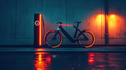 Electric bicycle at night, next to a charging station.  Urban scene