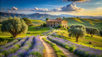 Obraz premium Serene Sunset Landscape Featuring a Rustic Farmhouse Nestled Amongst Rolling Hills and Vibrant Lavender Fields