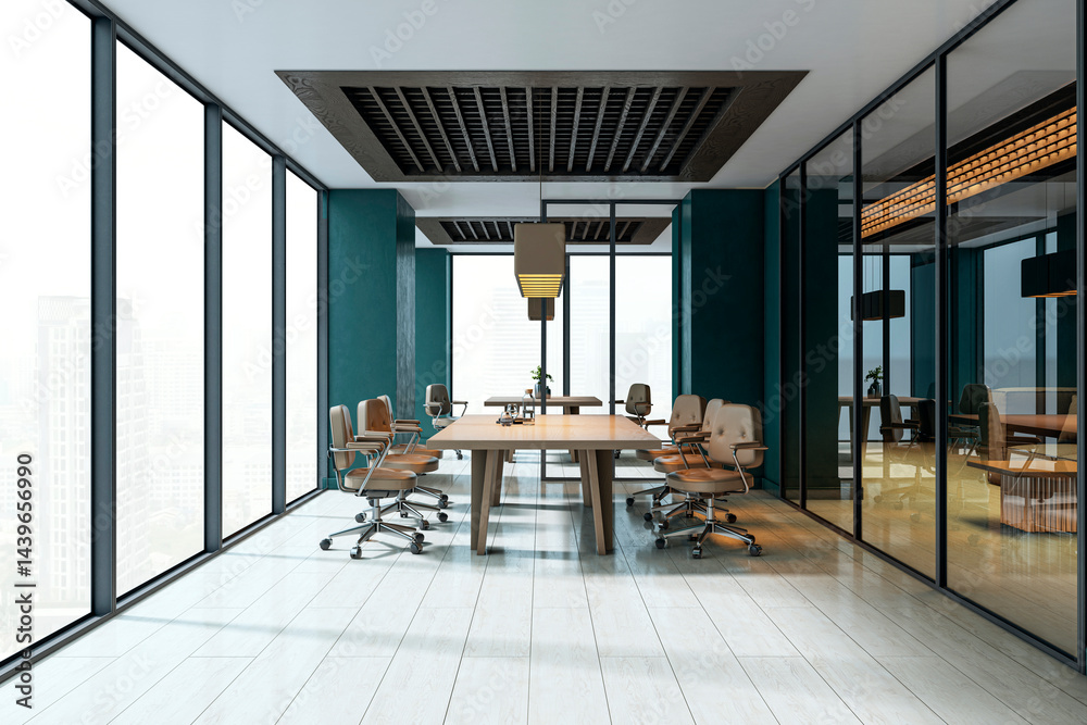 Poster modern corporate boardroom interior with large wooden table, glass partitions, and city view in empt