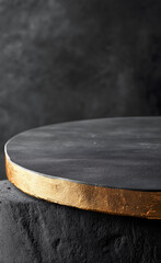 A black table with gold trim on a dark background
