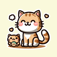 Fototapeta premium Graphic illustration of a large tabby cat and a small kitten sharing a sweet treat in a charming and whimsical style.