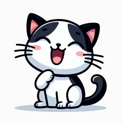 Obraz premium Cheerful black and white cartoon feline, sitting and smiling widely.
