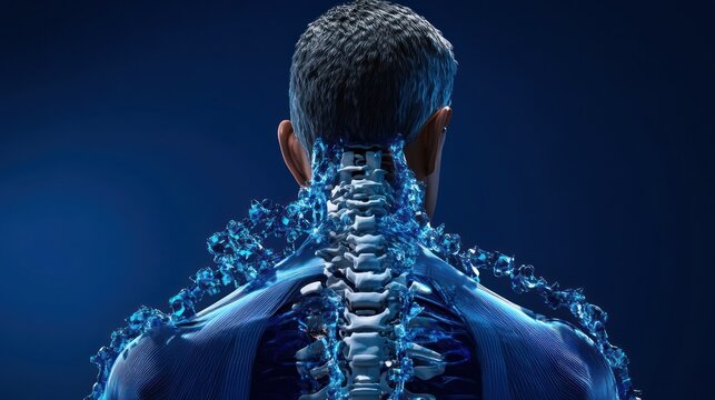 Man's back with spine and bones visualization for anatomy, medicine, or technology