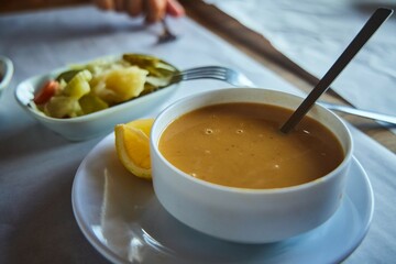 Lentil soup with vegetables Ezogelin chorbasy, Turkish cuisine