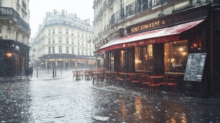 Fototapeta premium Rainy Day in Parisian Street with Cafe and Cobblestone Pavement