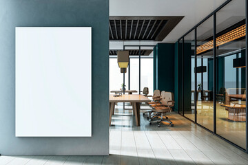Modern luxury conference room with glass partitions, wood desk, office chairs, and vertical blank canvas mockup on wall for presentation display. 3D Rendering