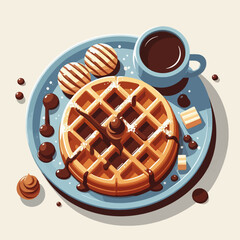 Delectable, stylized illustration of a waffle dish with chocolate sauce, cookies, and a cup of coffee, perfect for a breakfast or brunch setting.