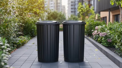 A modern city with smart recycling bins collecting electronic waste, seamlessly integrating sustainability and technology for a greener future