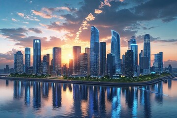 Fototapeta premium Futuristic Smart City Skyline Highlighting BioEnergy Integration in Urban Grid Solutions