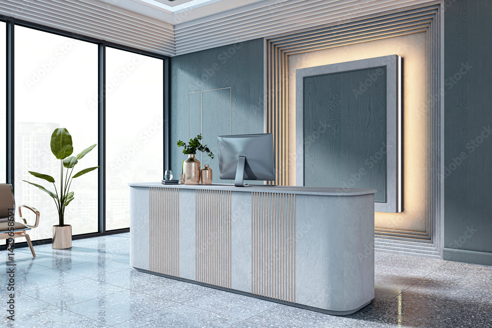 Poster modern minimalist reception desk in bright office lobby with city view and stylish interior wall dec