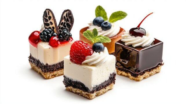 Four delectable mini desserts with assorted berries, whipped cream, and chocolate decorations are artfully arranged on a pristine white background, perfect for a luxurious culinary
