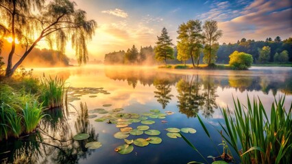 Obraz premium Serene Sunrise Over Misty Lake with Water Lilies and Trees Reflected in Still Waters
