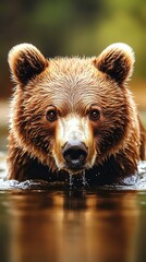 Obraz premium Rising temperatures threaten ecosystems A close-up of a brown bear emerging from water, showcasing its fur and calm expression in a natural setting.