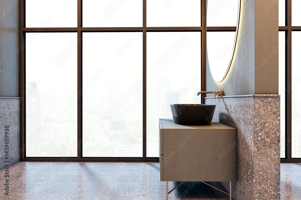 Poster modern empty bathroom interior with stylish black sink and large mirror in front of panoramic city v