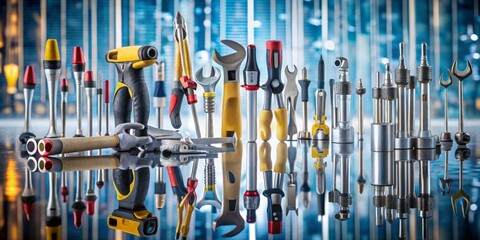 Precision instruments, tools, and equipment reflecting on a polished surface with a blurred industrial background