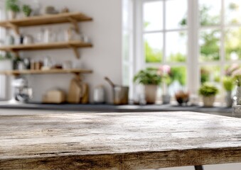 Rustic kitchen countertop, out-of-focus background