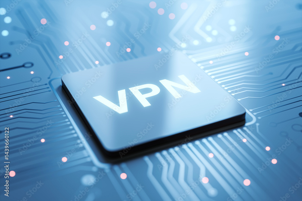 Aufkleber VPN button on futuristic digital circuit board glowing with cyber light on a blue background representing virtual private network security concept. 3D Rendering