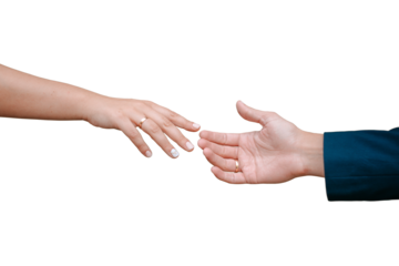 Two hands reaching out to each other on a white background. Man and woman union. The image can symbolize cooperation, support, love, partnership, help or any relationship. Wedding.