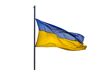 The flag of Ukraine fluttering in the wind on a white background. A symbol of national pride, freedom, independence and resilience. Suitable for use in news articles, social media, political campaigns