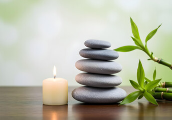 Obraz premium Serene Stone Stack with Bamboo and Candlelight on Polished Wood