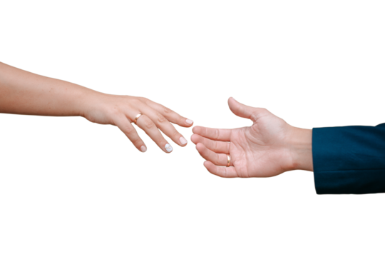 Two hands reaching out to each other on a white background. Man and woman union. The image can symbolize cooperation, support, love, partnership, help or any relationship. Wedding.