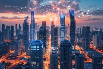 Fototapeta premium Innovative Smart City Vision Integrating Globalization with Abstract Digital Design and Advanced Wireless Communication