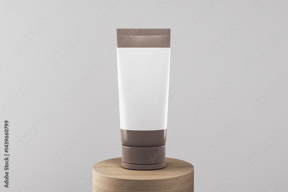 Aufkleber cosmetic tube packaging mockup with blank label on wooden pedestal against light gray background for